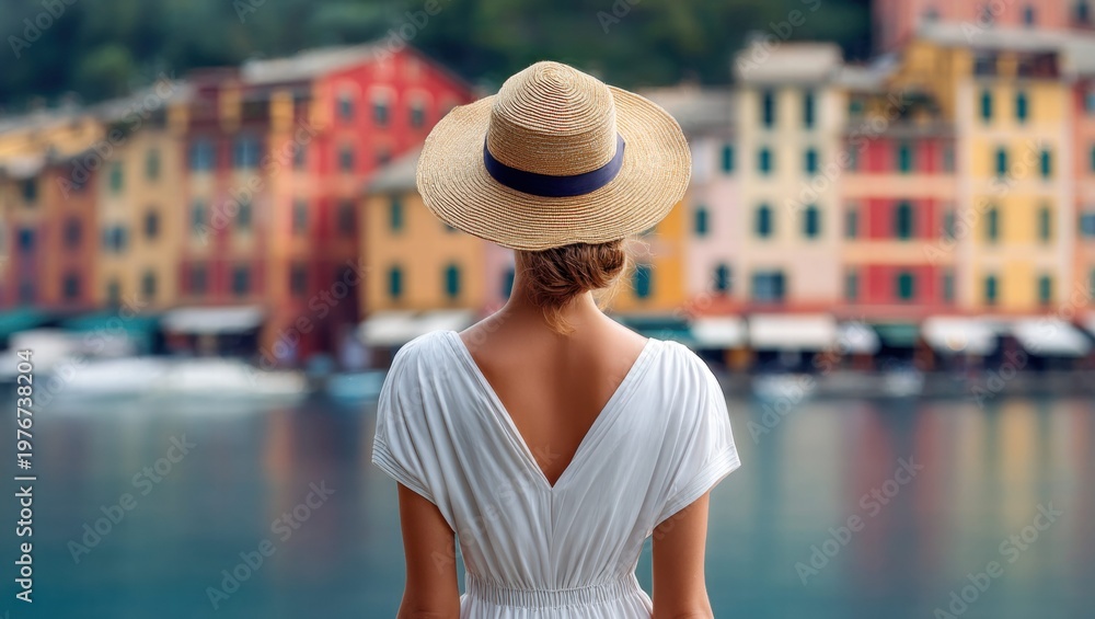 Fototapeta premium Woman in a straw hat enjoying the view of colorful buildings by the water.