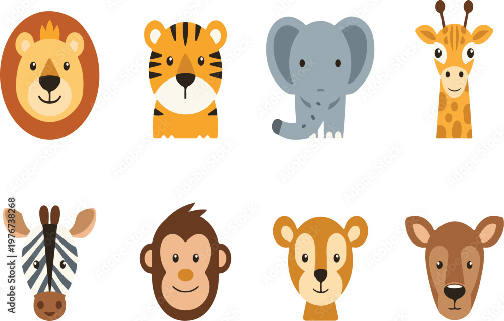 Fototapeta premium Cartoon animal heads on transparent background, Colorful icons set
