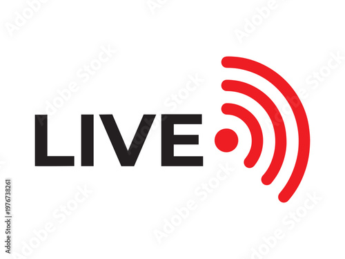 Live word with red wifi signal icon for broadcasting and streaming.