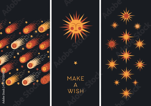 Set of Mystical Celestial Banners with Sun Face, Meteors, and Stars Illustrations
