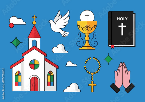 Christian Religious Icons and Symbols Set: Church, Bible, Rosary, and Eucharist Chalice Flat Vector Illustration