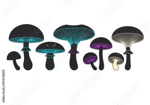Stylized Neon Mushroom Vector Set with Bioluminescent Gills on White Background