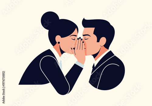 Professional Businesswoman Whispering Secret Information to Male Colleague Illustration - Corporate Gossip, Confidential Communication, and Team Collaboration Concept