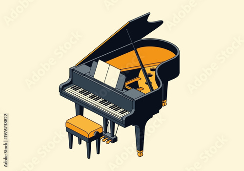 Isometric Grand Piano Illustration with Open Lid, Bench, and Sheet Music for Music and Performance Concepts