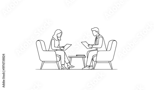 Minimal business meeting line art man woman discussing paperwork office vector illustration