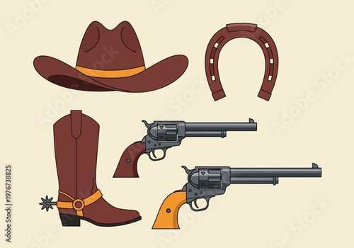 Wild West Cowboy Accessory Set Featuring Traditional Hat, Revolver Pistols, Horseshoe, and Leather Boot with Spur