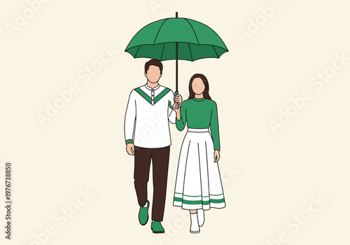 Minimalist Illustration of a Couple Walking Together Under a Green Umbrella, Concept of Protection and Companionship