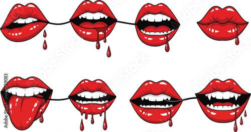 Vector set of cartoon vampire lips with blood on transparent background