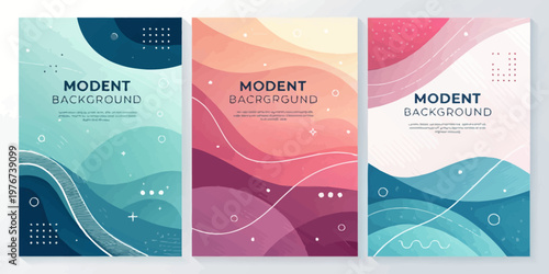 A set of modern background templates with colorful abstract designs and text placeholders for various uses