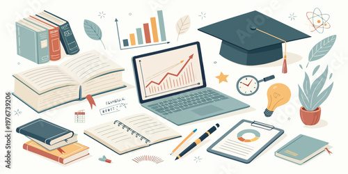 A colorful vector illustration of education and learning tools, including books, a laptop, and a graduation cap.