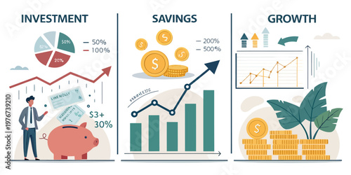 A vector graphic illustration of a financial concept with investment, savings, and growth charts and graphs