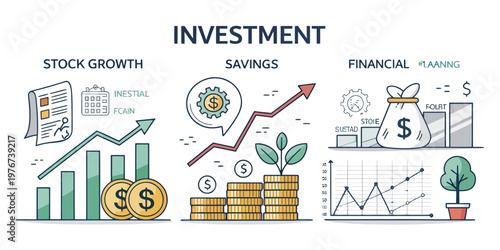 A vector graphic illustration of investment concepts including stock growth, savings, and financial planning