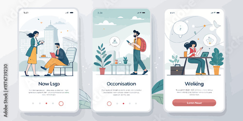 A vector graphic illustration of three smartphone screens displaying a mobile app design with people interacting and working