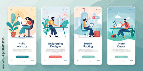 A vector graphic illustration of four mobile phone screens showcasing people working remotely in different settings.