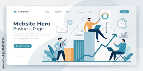 A vector graphic illustration of a business website hero page with people working on laptops and analyzing data