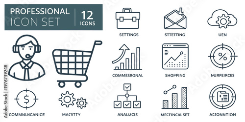 A set of 12 professional business icons for communication, analysis, and commerce