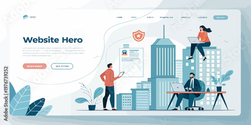 A vector graphic illustration of a website hero design featuring a cityscape with people working on laptops and a shield icon