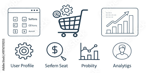 A set of modern business icons including shopping cart, analytics, and user profile
