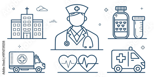 A set of medical icons including a hospital, doctor, ambulance, and pills in a flat, minimalist design style.