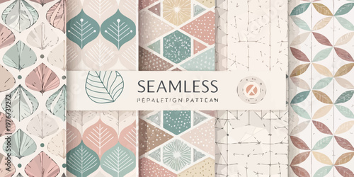 A collection of seamless repetition patterns in various pastel colors and geometric shapes