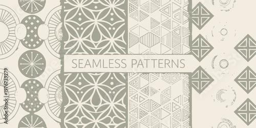 A collection of seamless patterns featuring various geometric and floral designs in a minimalist style