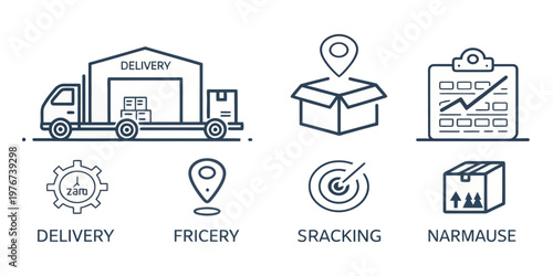 A set of vector icons illustrating delivery and logistics concepts in a minimalist flat design style