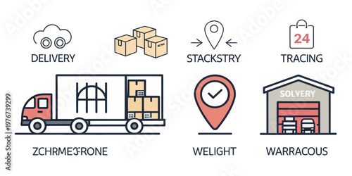 A vector graphic illustrating logistics and delivery concepts with various icons and symbols