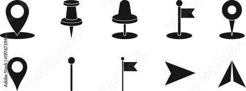 Collection of navigation and location icons with flags and pins map pin push pin