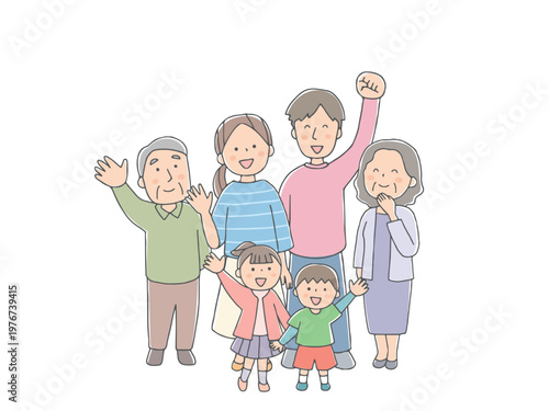 笑顔で見上げる三世代家族