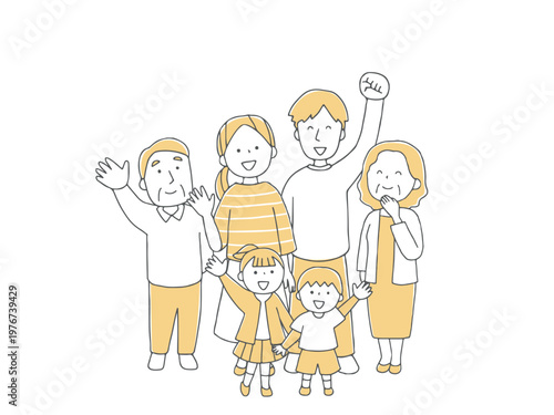 笑顔で見上げる三世代家族　仲良しファミリーイラスト単色
