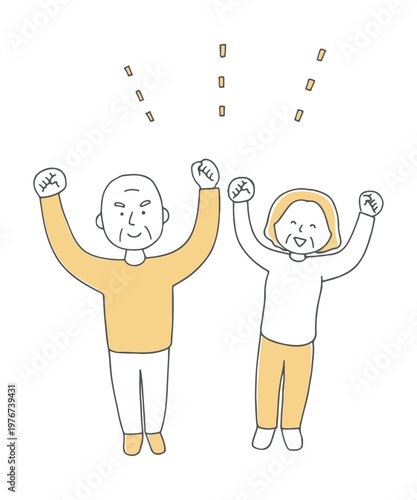 元気にガッツポーズをするシニア夫婦単色