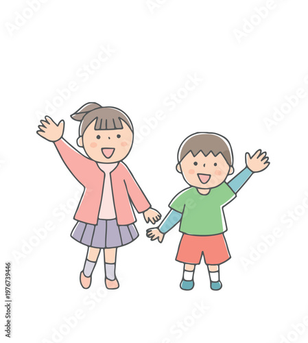 笑顔で見上げて手を振る男の子と女の子