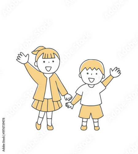 笑顔で見上げて手を振る男の子と女の子単色