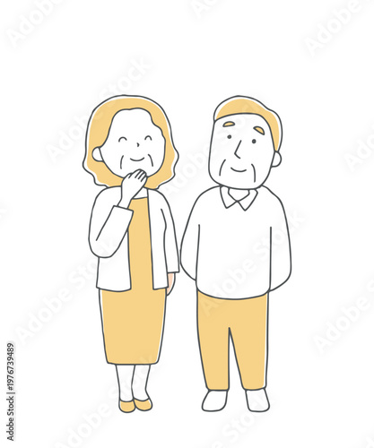 笑顔で見上げるシニア夫婦単色