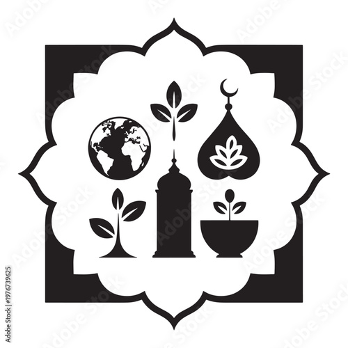Vector illustration of global and religious symbols alongside plants within an ornate frame, suggesting harmony.