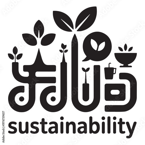 Arabic calligraphy for "sustainability" with plant and food icons, symbolizing eco-friendly living.