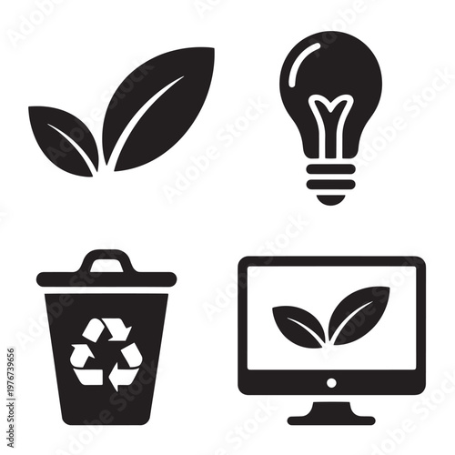 Set of black and white icons representing environmental sustainability and eco-friendly concepts.