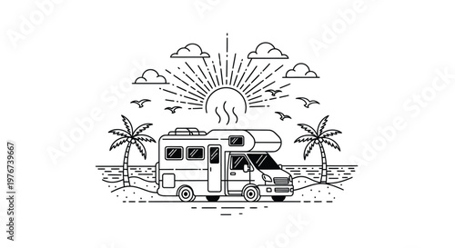 Campervan illustration shows a recreational vehicle parked on a beach with palm trees and a shining sun in a linear artistic style perfect for travel marketing materials.