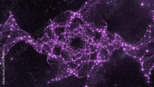 A vibrant purple abstract background featuring glowing particles and interconnected light structures in a dark space
