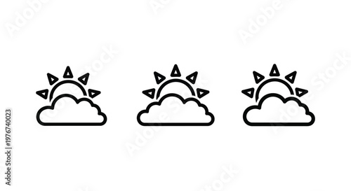 The sunlight icon set displays three identical symbols of a sun rising behind a cloud rendered in clean black lines against a white background for weather forecasting visuals.