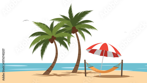 Tropical beach scene featuring palm trees, a hammock, a red and white umbrella, and calm blue ocean water on a sunny day.