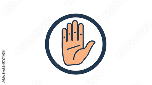 Human hand icon inside a dark blue circle representing a stop sign, restricted access, or a signal to wait and stay alert.
