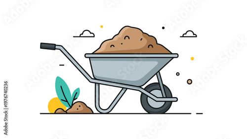 Metal wheelbarrow filled with a pile of brown dirt or soil in a garden setting with green plants and a yellow sun icon.