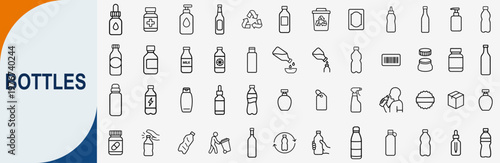 Bottle icons set, flat outline vector icons for packaging and liquids