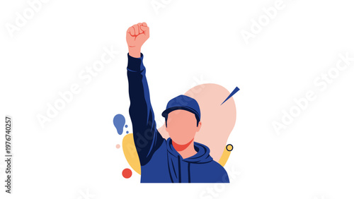 Person with a raised fist wearing a blue hoodie and cap, symbolizing protest, strength, unity, or victory in a struggle.