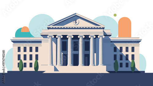 Neoclassical bank or courthouse building with columns and a dollar sign symbol representing finance, law, or government.