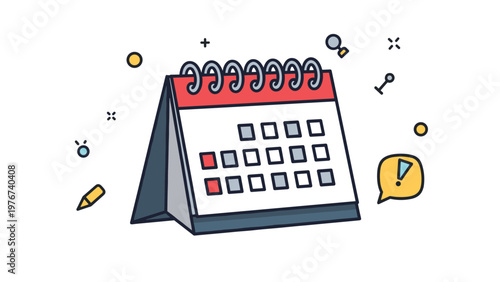 Spiral desk calendar illustration with red and gray markers used for scheduling, planning events, and time management.