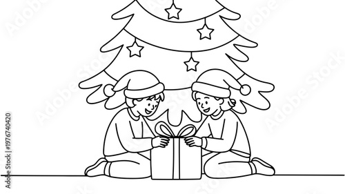 Two joyful children wearing Santa hats happily open a Christmas present under a festive tree.