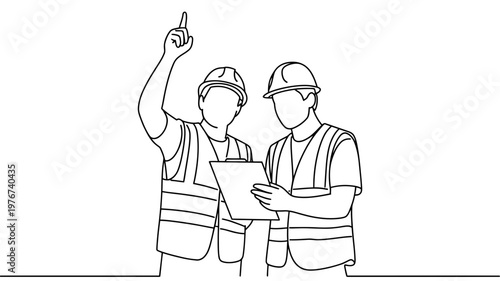 Two construction workers in hard hats and safety vests are examining plans, one pointing upwards.