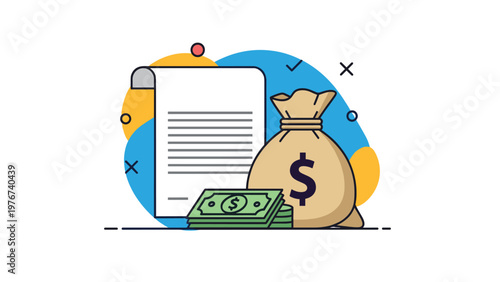 Financial document next to a large sack of money and stacks of cash bills representing profit, savings, or wealth management.